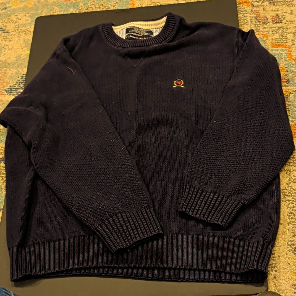 Vtg Tommy Hilfiger Men’s XL Navy Solid Knit Crew Neck Pullover Sweater Logo 90's